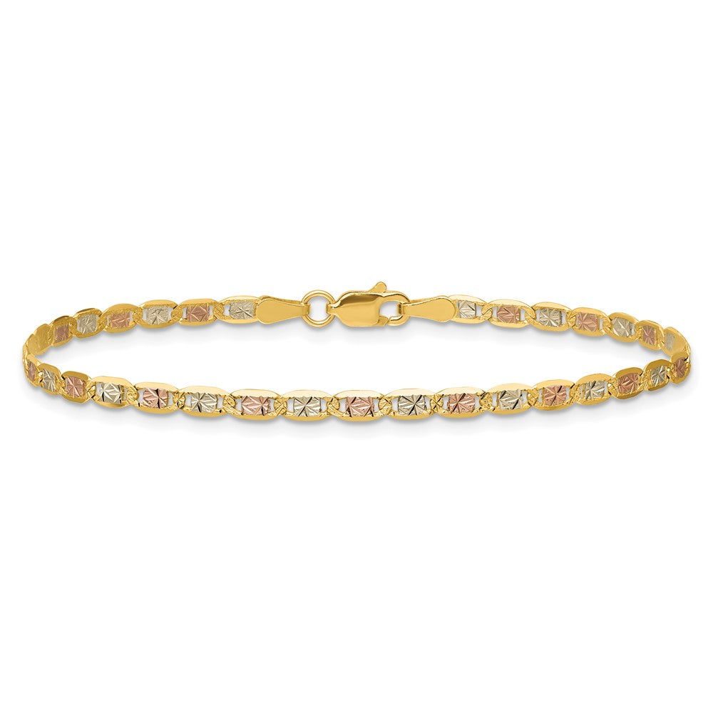 14K Tri-Color 2.75mm Pav Valentino With Lobster Clasp Chain Bracelet