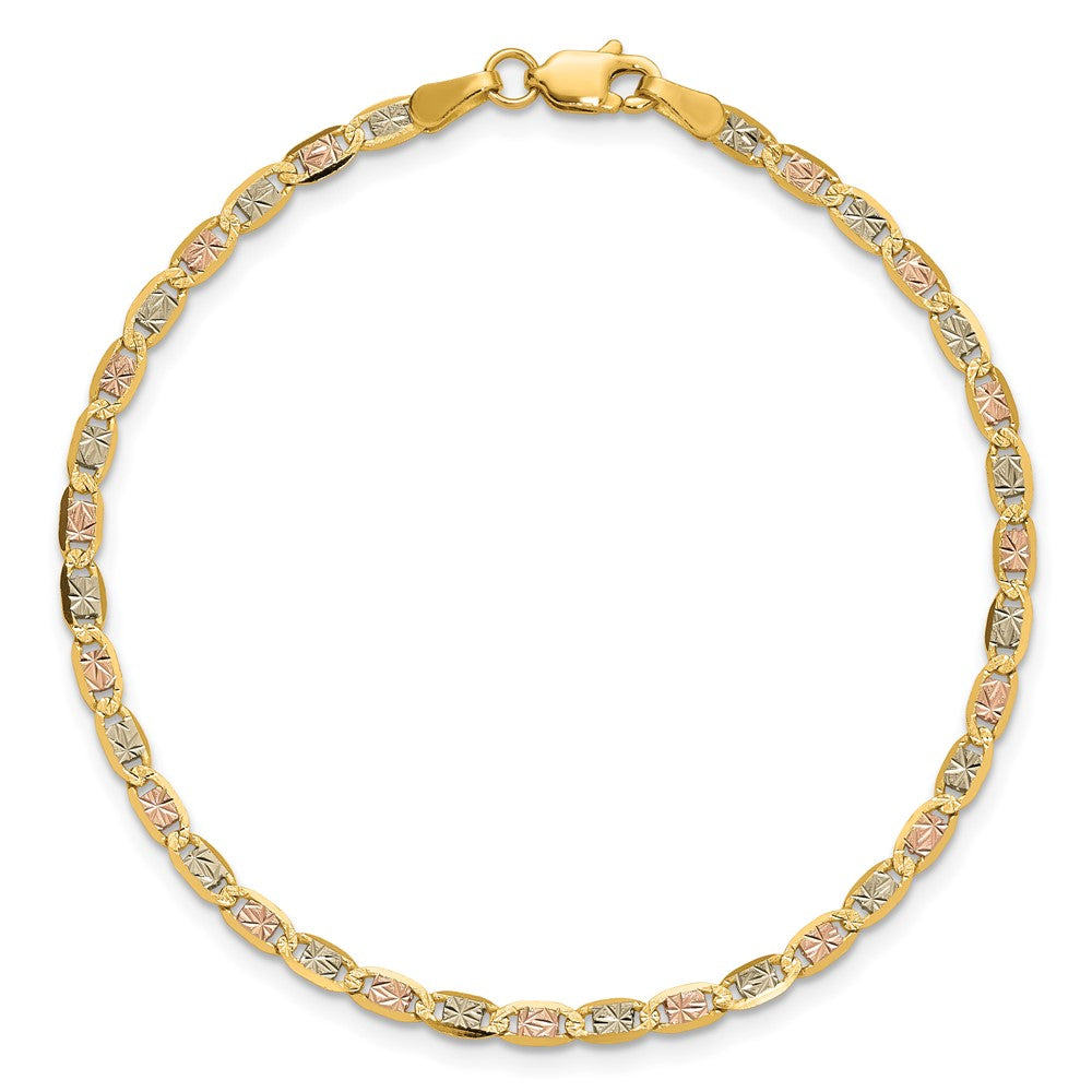 14K Tri-Color 2.75mm Pav Valentino With Lobster Clasp Chain Bracelet