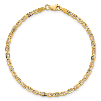 14K Tri-Color 2.75mm Pav Valentino With Lobster Clasp Chain Bracelet