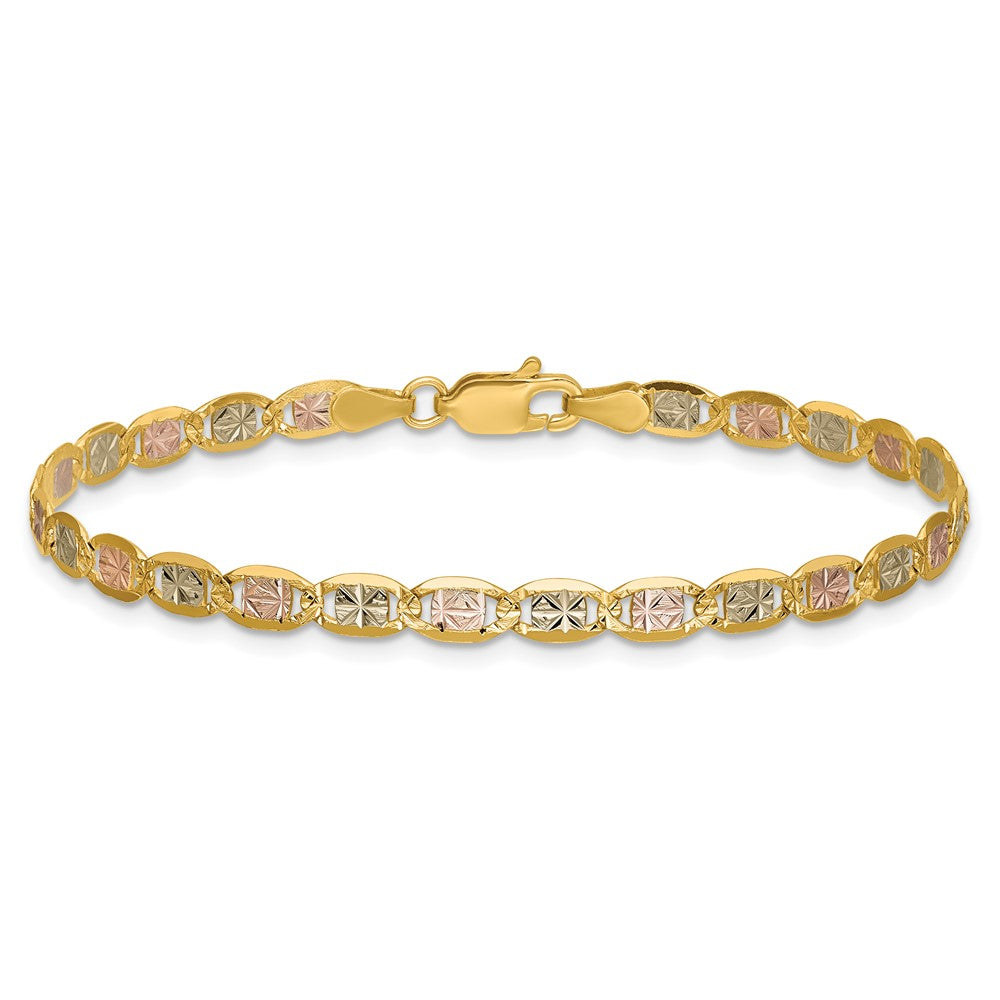 14K Tri-Color 7 Inch 3.8mm Pav Valentino With Lobster Clasp Bracelet