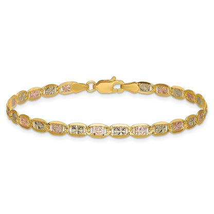 14K Tri-Color 7 Inch 3.8mm Pav Valentino With Lobster Clasp Bracelet
