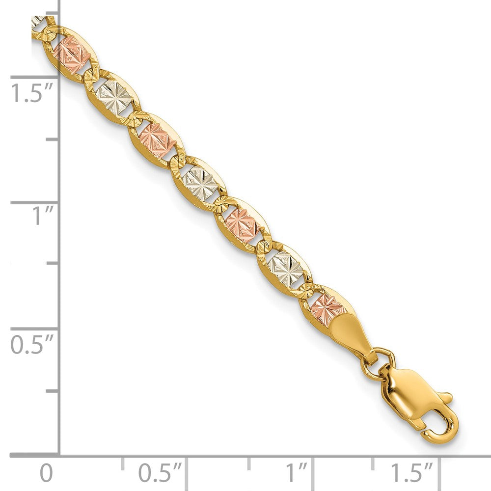 14K Tri-Color 7 Inch 3.8mm Pav Valentino With Lobster Clasp Bracelet