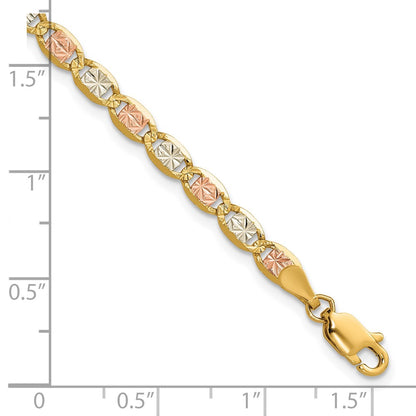 14K Tri-Color 7 Inch 3.8mm Pav Valentino With Lobster Clasp Bracelet