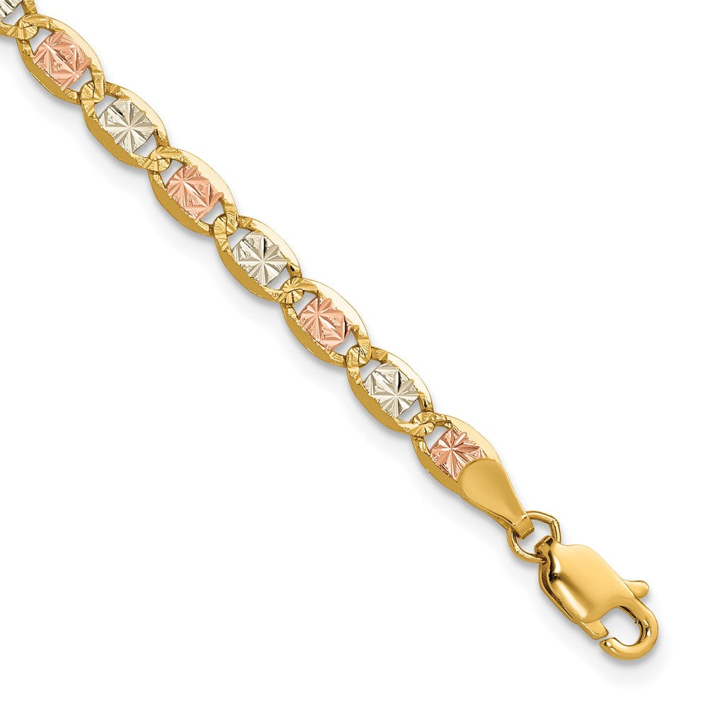 14K Tri-Color 7 Inch 3.8mm Pav Valentino With Lobster Clasp Bracelet