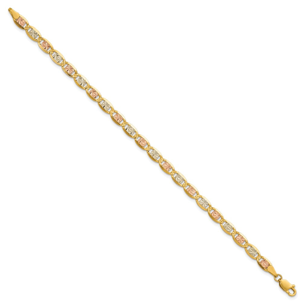 14K Tri-Color 7 Inch 4.65mm Pav Valentino With Lobster Clasp Bracelet