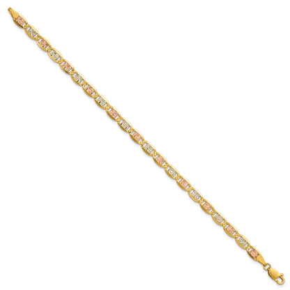 14K Tri-Color 7 Inch 4.65mm Pav Valentino With Lobster Clasp Bracelet