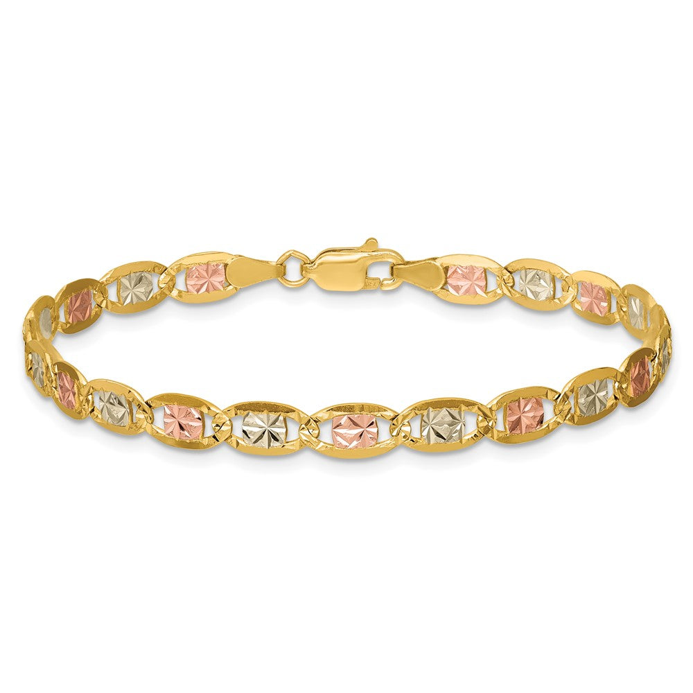 14K Tri-Color 7 Inch 4.65mm Pav Valentino With Lobster Clasp Bracelet