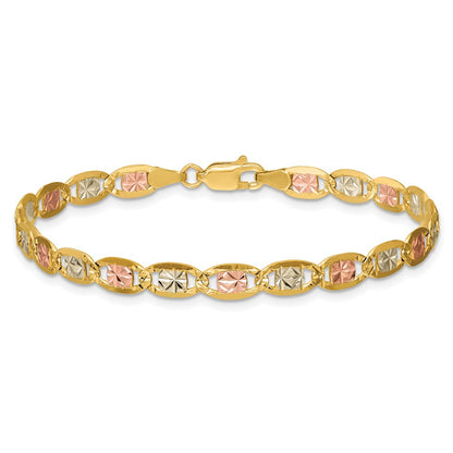 14K Tri-Color 7 Inch 4.65mm Pav Valentino With Lobster Clasp Bracelet