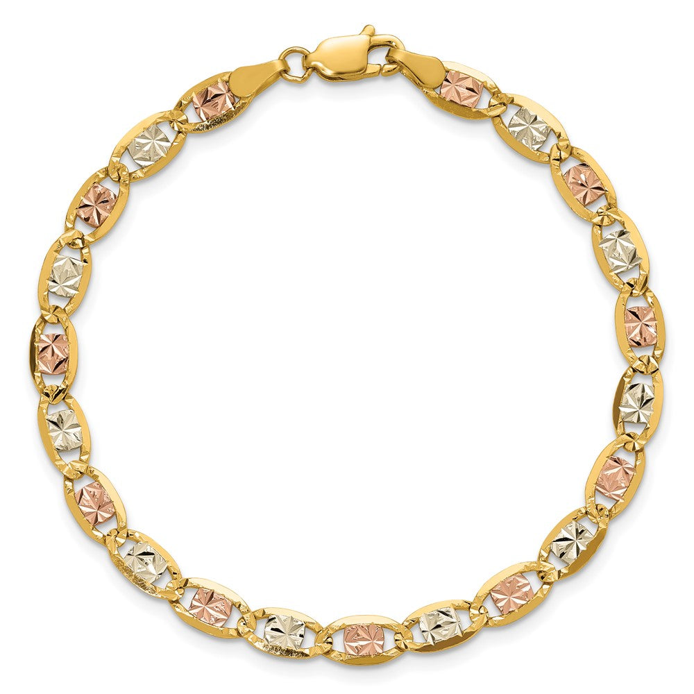14K Tri-Color 7 Inch 4.65mm Pav Valentino With Lobster Clasp Bracelet