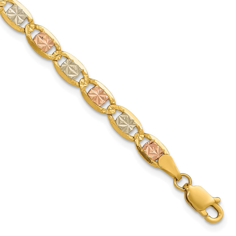 14K Tri-Color 7 Inch 4.65mm Pav Valentino With Lobster Clasp Bracelet