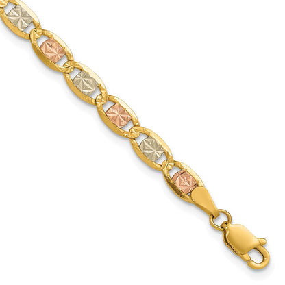 14K Tri-Color 7 Inch 4.65mm Pav Valentino With Lobster Clasp Bracelet