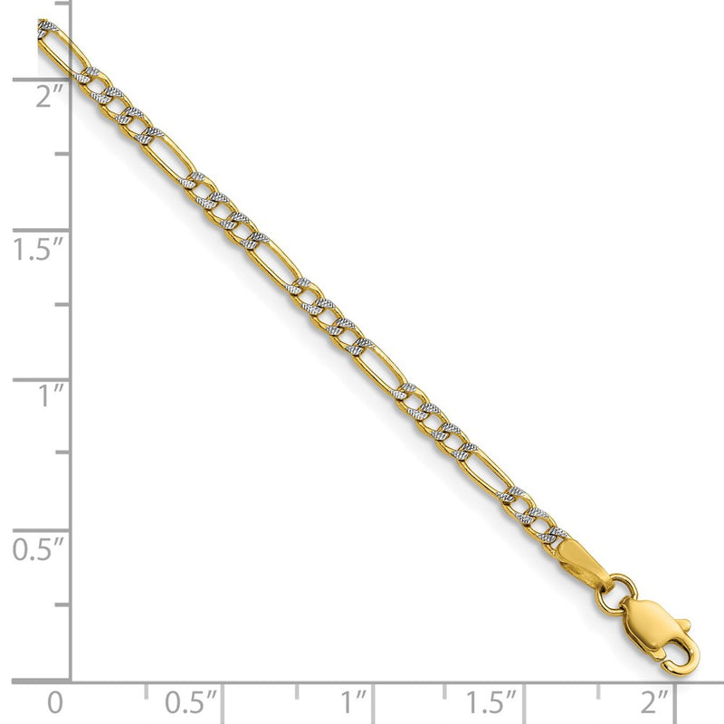 14k 2.3mm Semi-solid with Rhodium Pavé Figaro Chain Bracelet