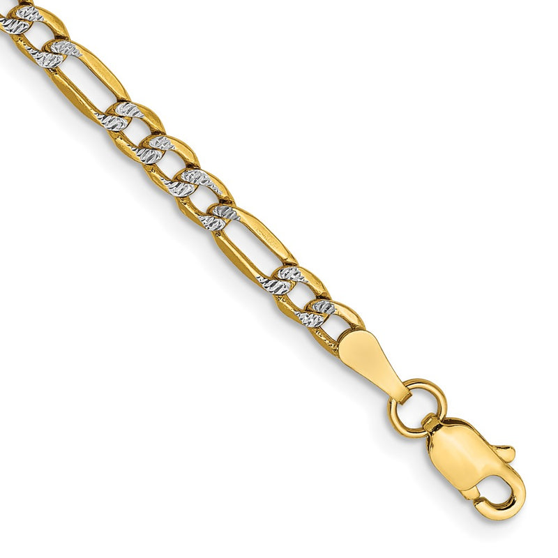 14K Yellow & Rhodium 3.2mm Semi-Solid With Pav Figaro Lobster Clasp Chain Bracelet