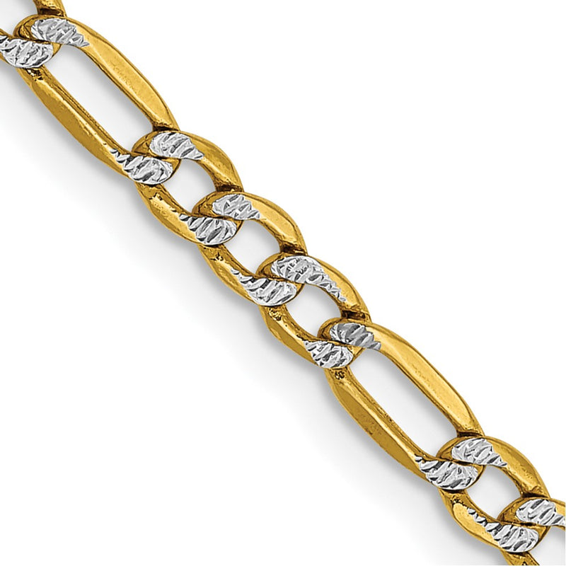 14K Yellow & Rhodium 3.2mm Semi-Solid With Pav Figaro Lobster Clasp Chain Necklace