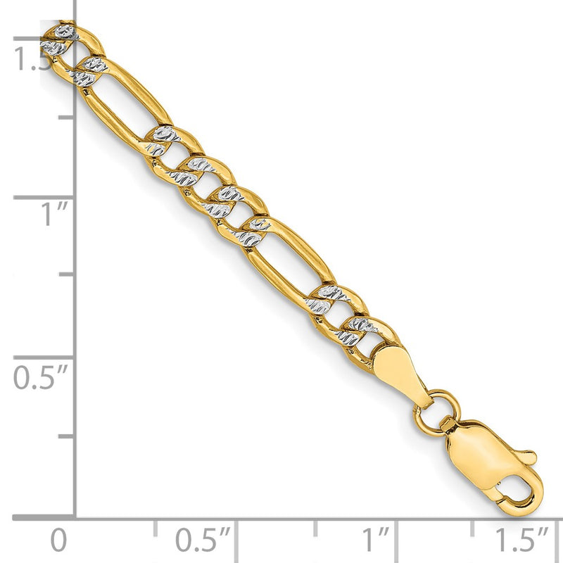 14K Yellow & Rhodium 3.9mm Semi-Solid With Pav Figaro Lobster Clasp Chain Bracelet