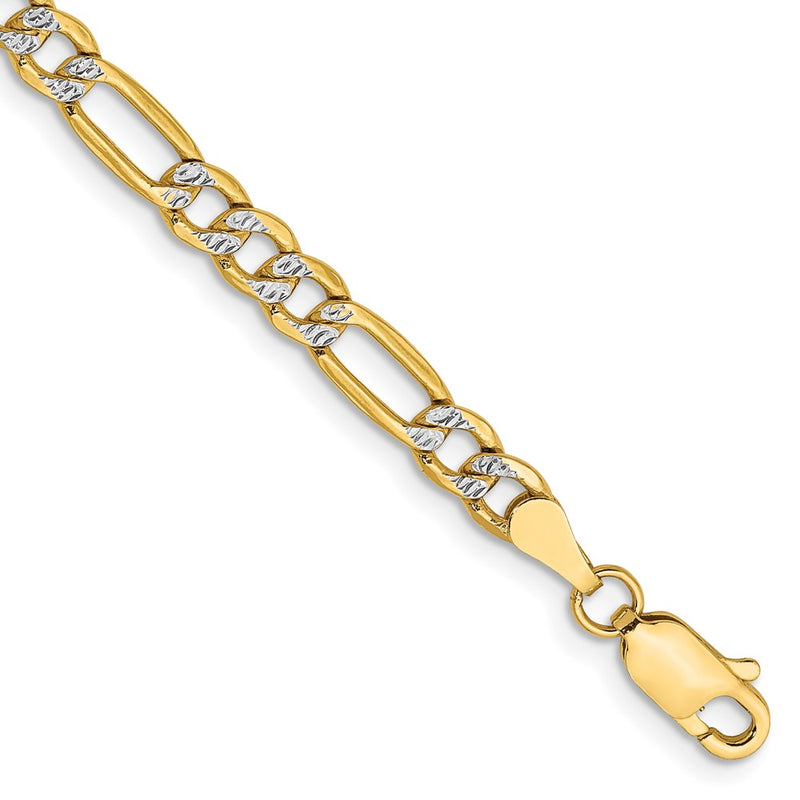 14K Yellow & Rhodium 3.9mm Semi-Solid With Pav Figaro Lobster Clasp Chain Bracelet