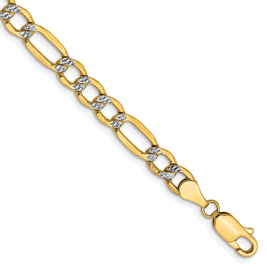 14K Yellow & Rhodium 9 Inch 5.25mm Semi-Solid With Pav Figaro Lobster Clasp Chain