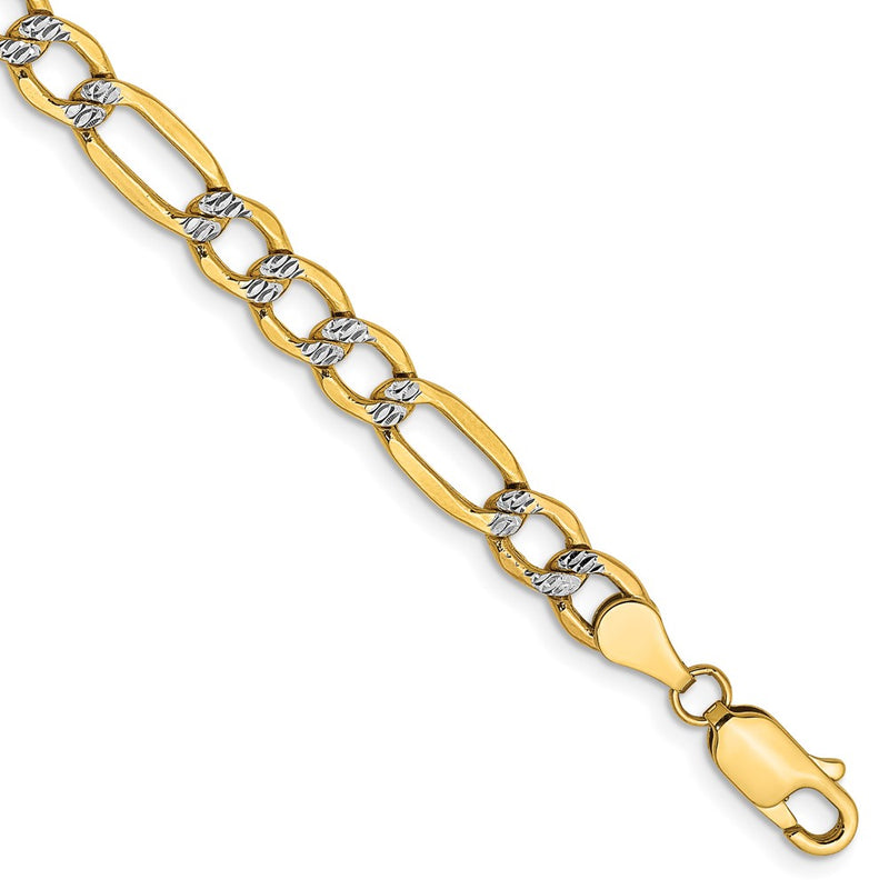 14K Yellow & Rhodium 5.25mm Semi-Solid With Pav Figaro Lobster Clasp Chain Bracelet
