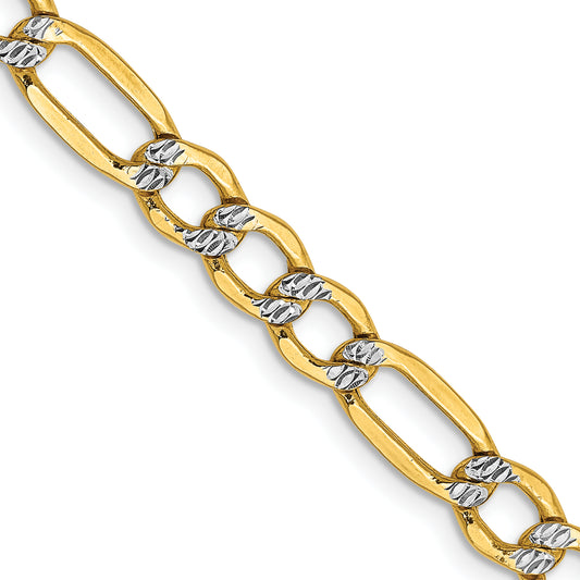 14K Yellow & Rhodium 20 Inch 5.25mm Semi-Solid With Pav Figaro Lobster Clasp Chain