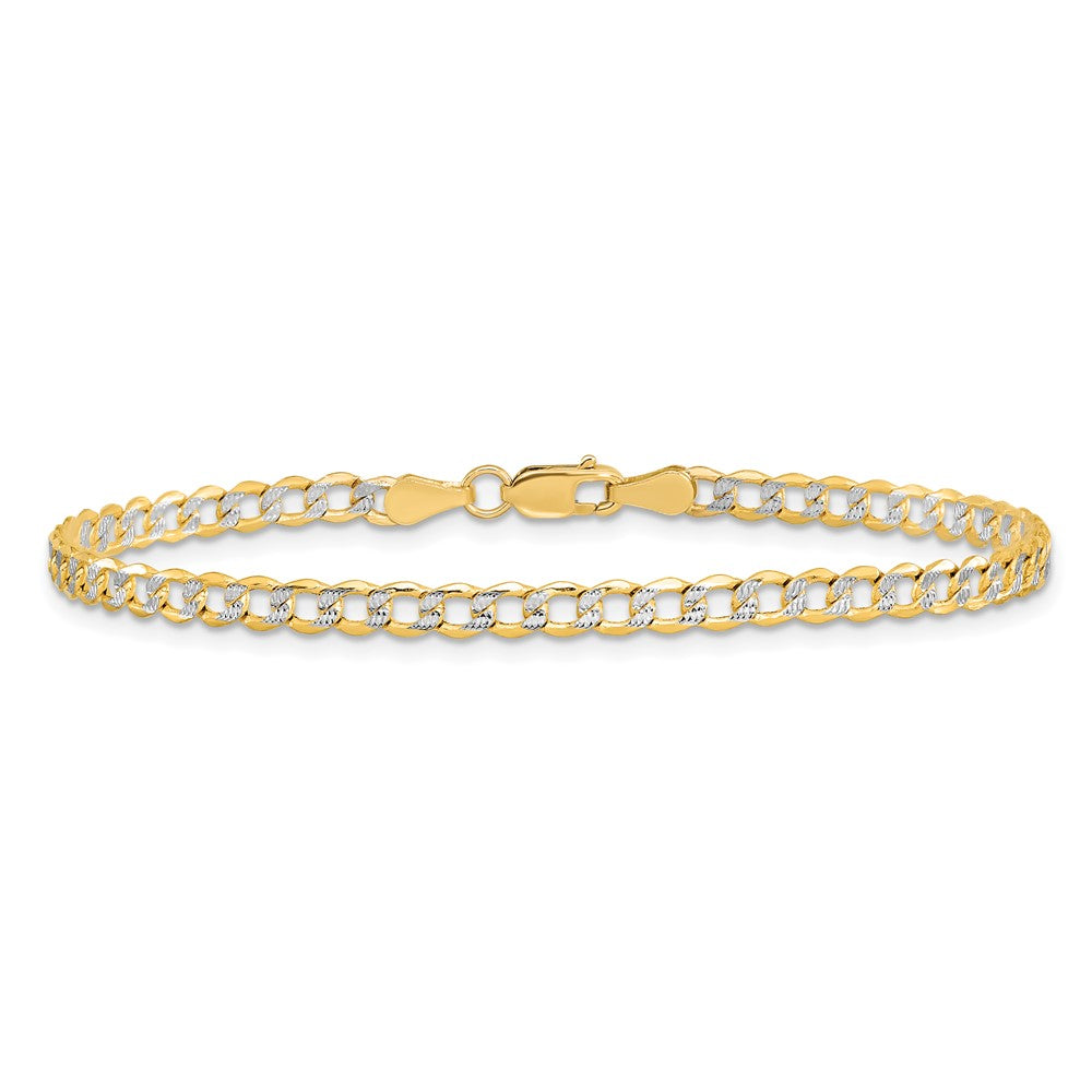 14K Yellow & Rhodium 3.4mm Semi-Solid With Pav Curb Lobster Clasp Chain Bracelet