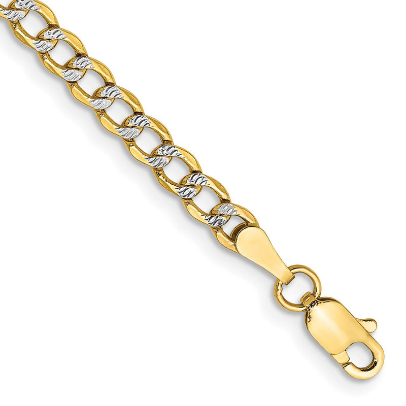 14K Yellow & Rhodium 3.4mm Semi-Solid With Pav Curb Lobster Clasp Chain Bracelet