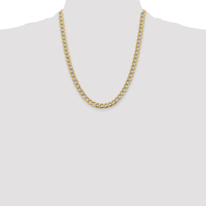14K Yellow & Rhodium 22 Inch 6.75mm Semi-Solid With Pav Curb Lobster Clasp Chain Necklace