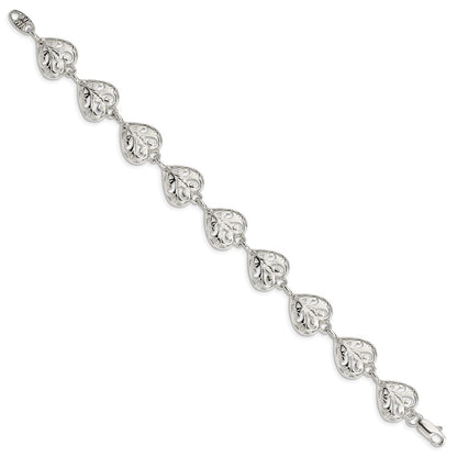 Sterling Silver Fancy Filigree Heart 7 Inch Bracelet