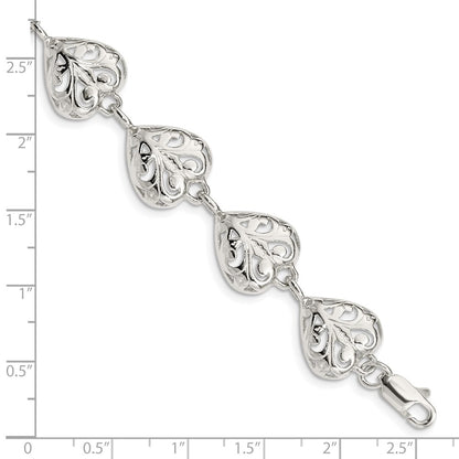 Sterling Silver Fancy Filigree Heart 7 Inch Bracelet