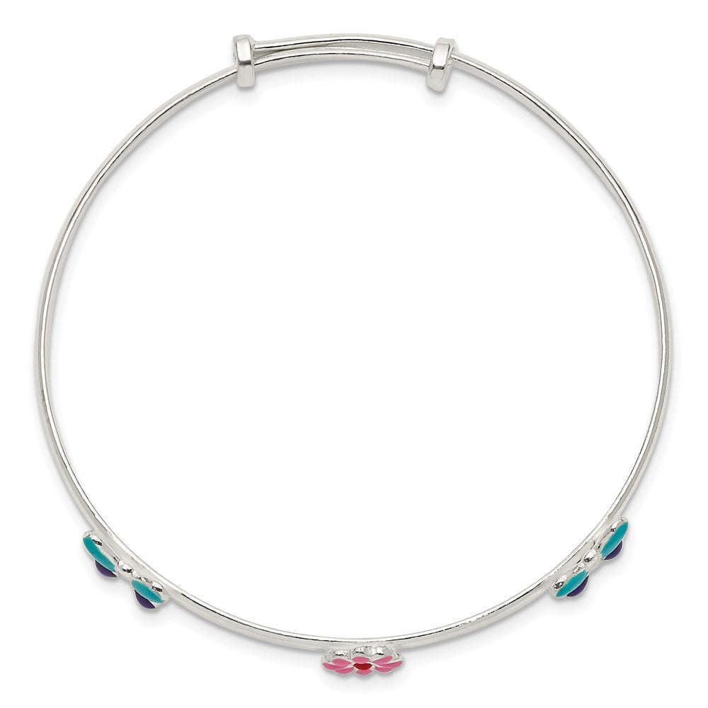 Sterling Silver Enameled Flower & Butterfly Adjustable Children'S Bangle