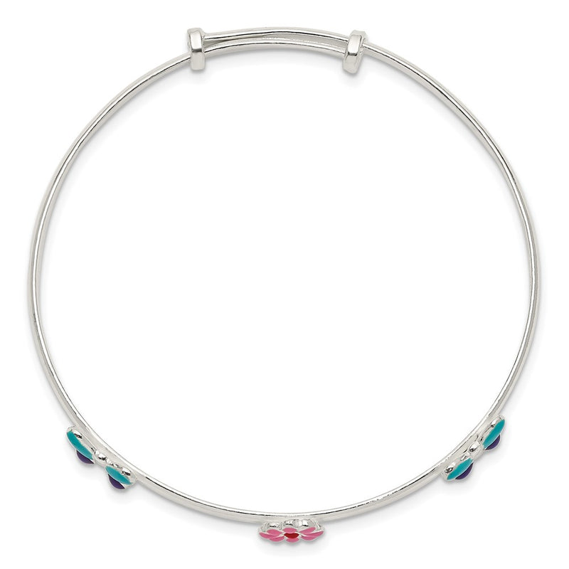 Sterling Silver Enameled Flower & Butterfly Adjustable Children'S Bangle