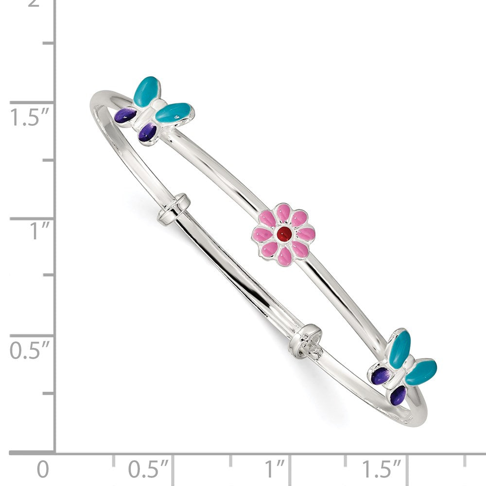 Sterling Silver Enameled Flower & Butterfly Adjustable Children'S Bangle