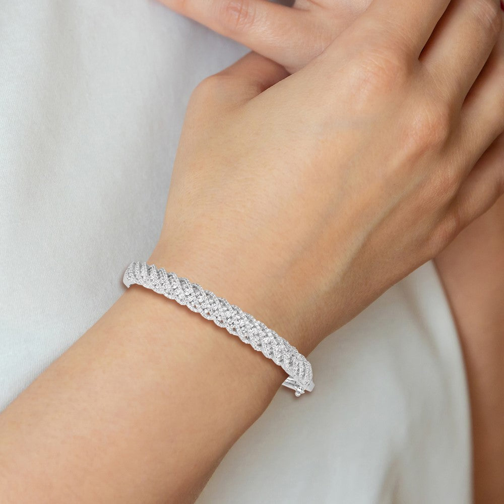 Sterling Silver Shimmer Rhodium-Plated 349 Stone Cz Hinged Bangle Bracelet