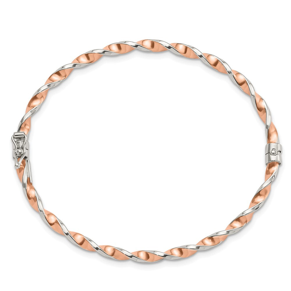 Sterling Silver Rose-Tone Polished Twisted 3mm Hinged Bangle