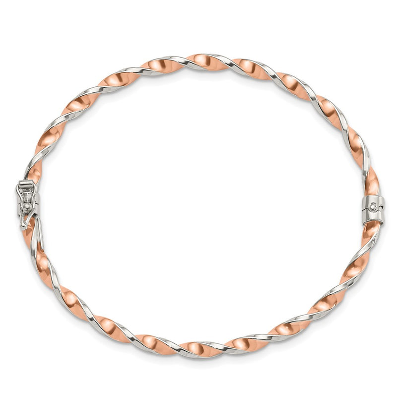 Sterling Silver Rose-Tone Polished Twisted 3mm Hinged Bangle