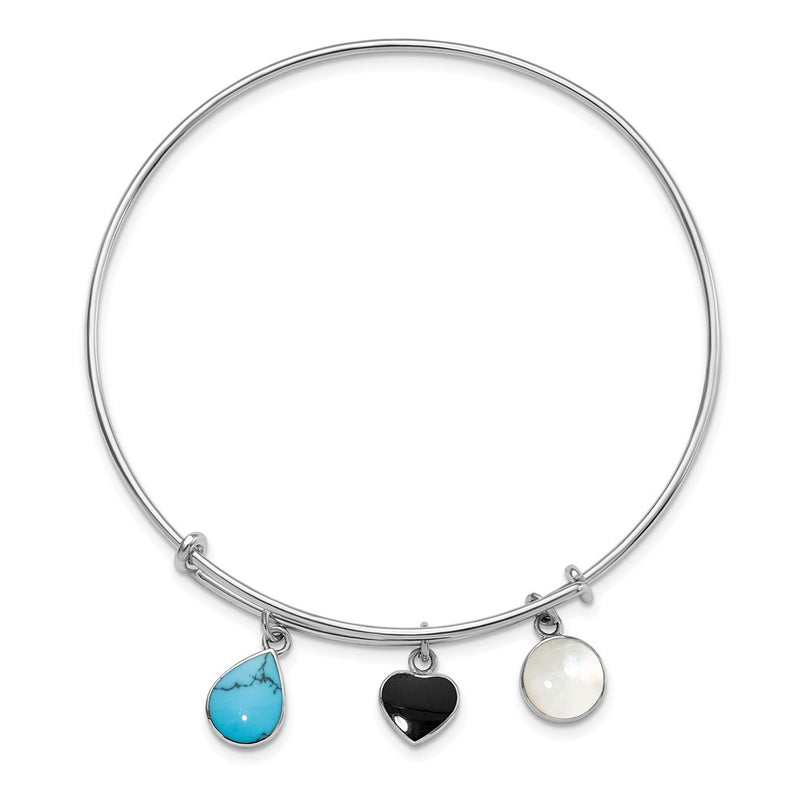 Sterling Silver Rhod-Plate Onyx Syn. Turq. Mop Expandable Bangle
