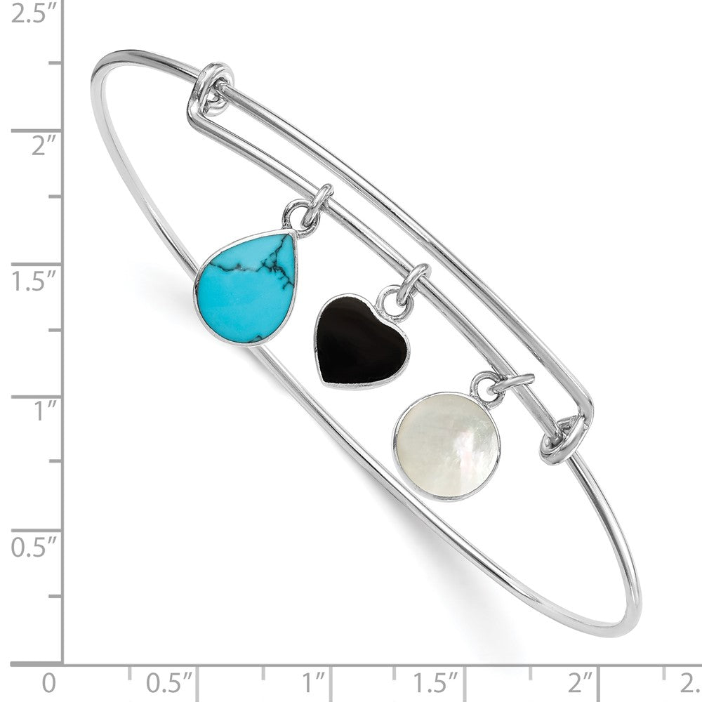 Sterling Silver Rhod-Plate Onyx Syn. Turq. Mop Expandable Bangle