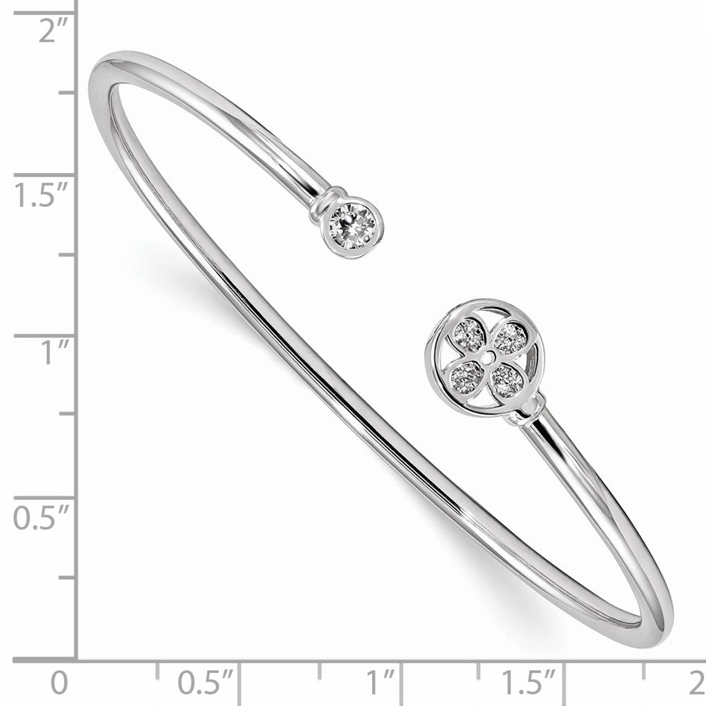 Sterling Silver Rhodium-Plated Cz Flower Cuff Bangle