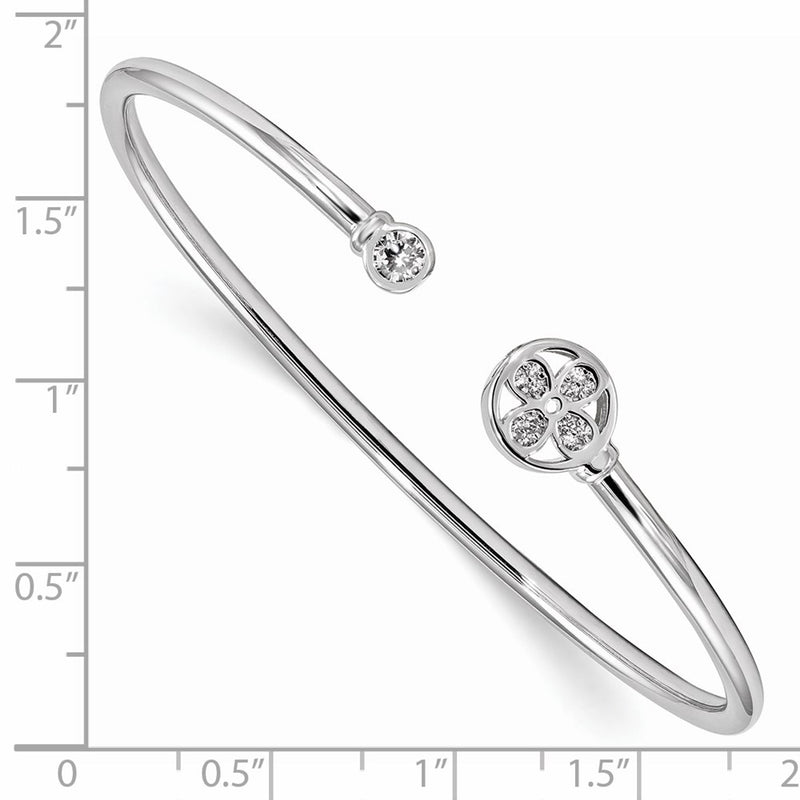 Sterling Silver Rhodium-Plated Cz Flower Cuff Bangle