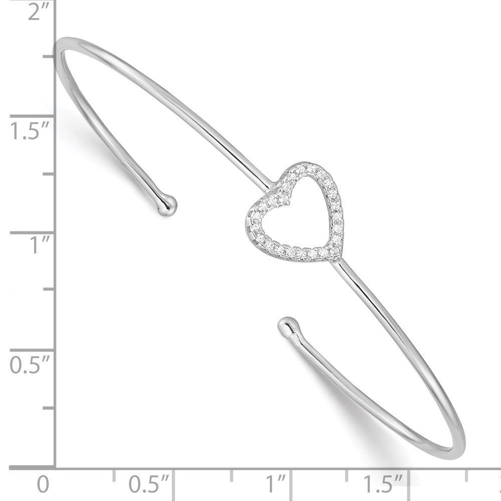 Sterling Silver Rhodium-Plated Cz Heart Cuff Bangle Bracelet