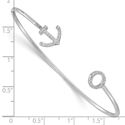 Sterling Silver Rhodium-Plated Cz Anchor Cuff Bangle