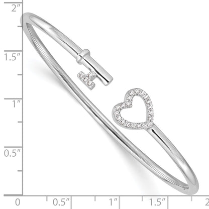 Sterling Silver Rhodium-Plated Cz Heart And Key Flexible Bangle