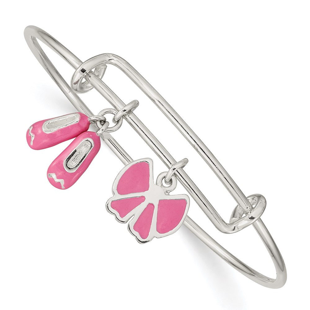 Sterling Silver Enameled Ballet Shoes & Bow Adjustable Children'S Bangle