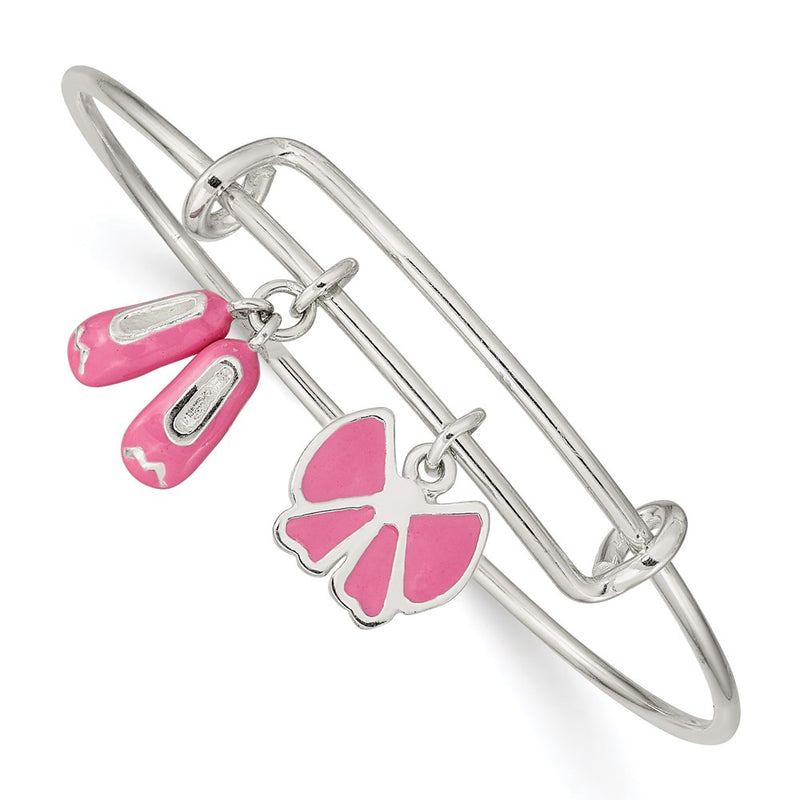 Sterling Silver Enameled Ballet Shoes & Bow Adjustable Children'S Bangle