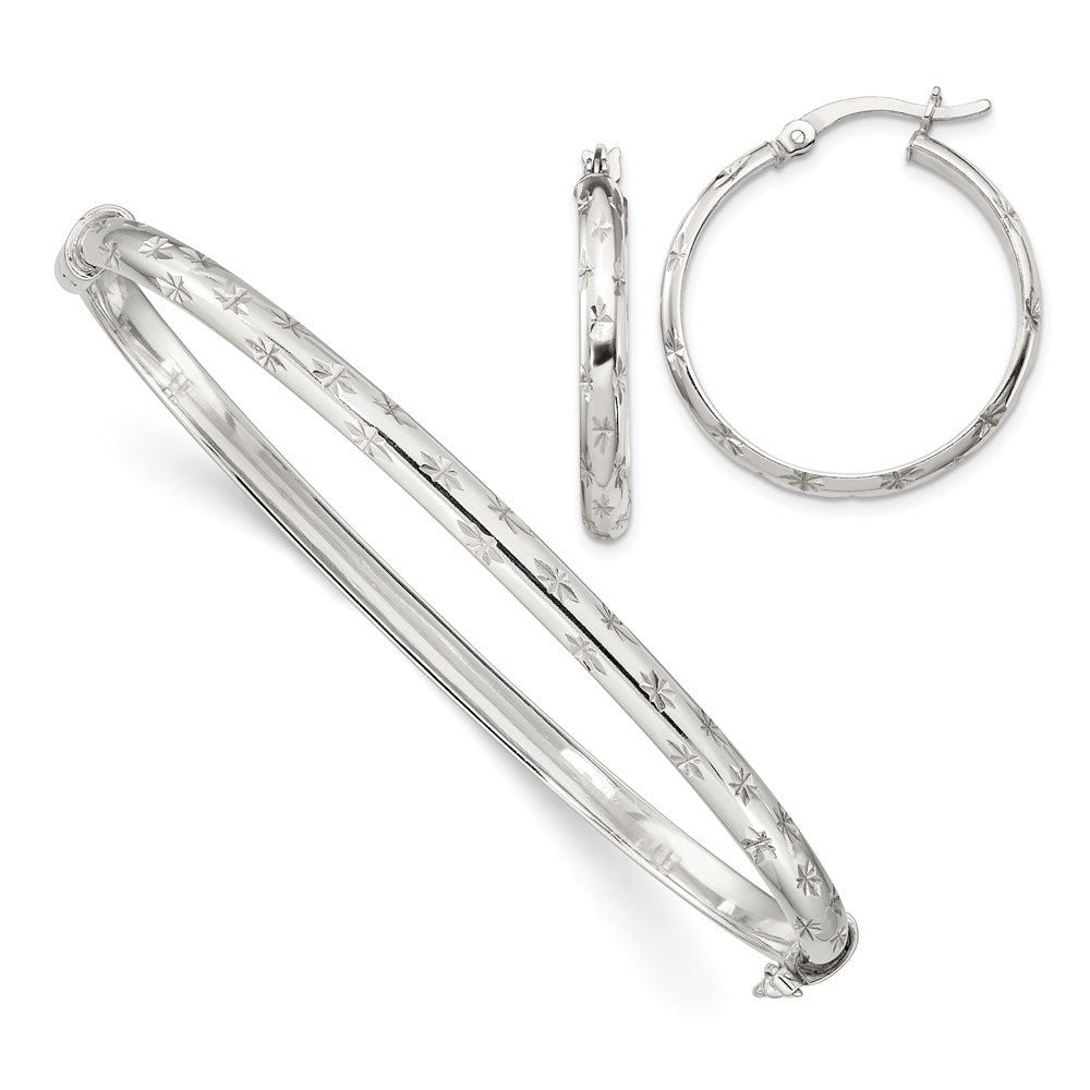 Sterling Silver D/C 4mm Bangle And 3mm Hoop Earring Set