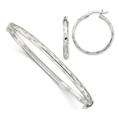 Sterling Silver D/C 4mm Bangle And 3mm Hoop Earring Set