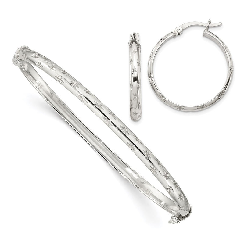 Sterling Silver D/C 4mm Bangle And 3mm Hoop Earring Set