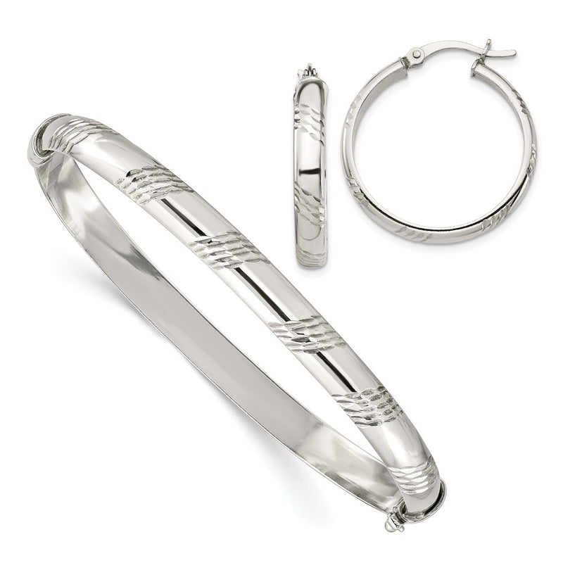 Sterling Silver D/C 6mm Bangle And 4mm Hoop Earring Set