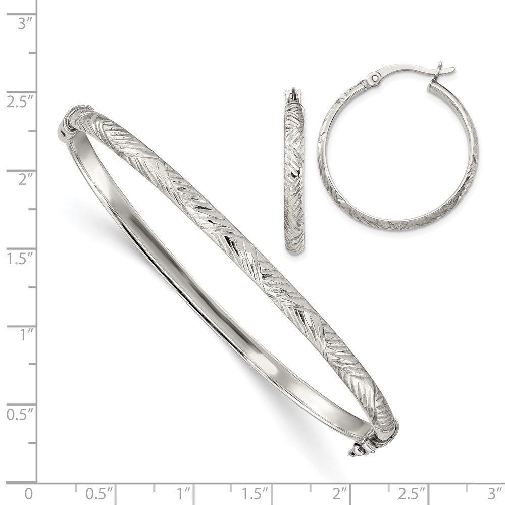 Sterling Silver D/C 4mm Bangle And 3mm Hoop Earring Set