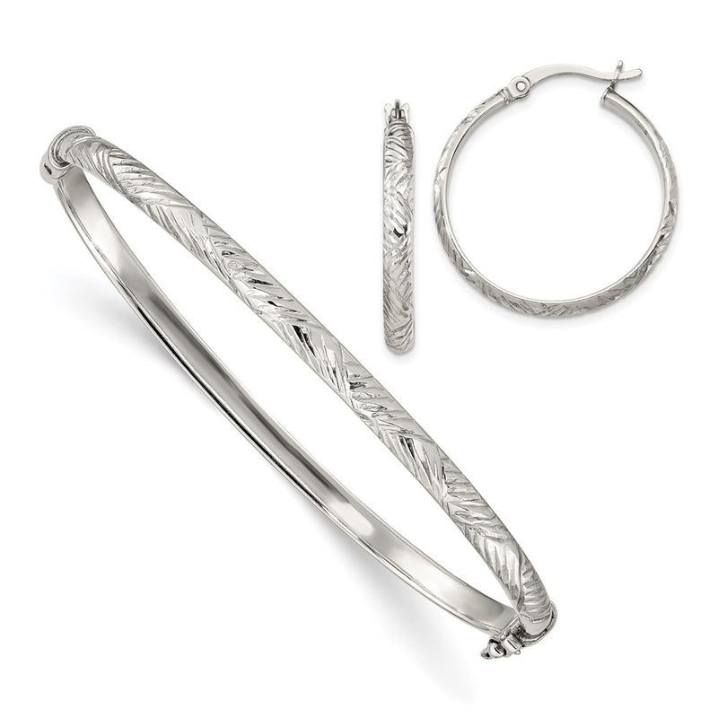 Sterling Silver D/C 4mm Bangle And 3mm Hoop Earring Set