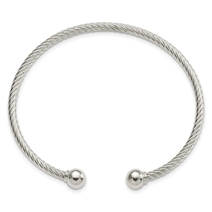 Sterling Silver Polished Twisted W/1 Thread Ball Cuff Bangle